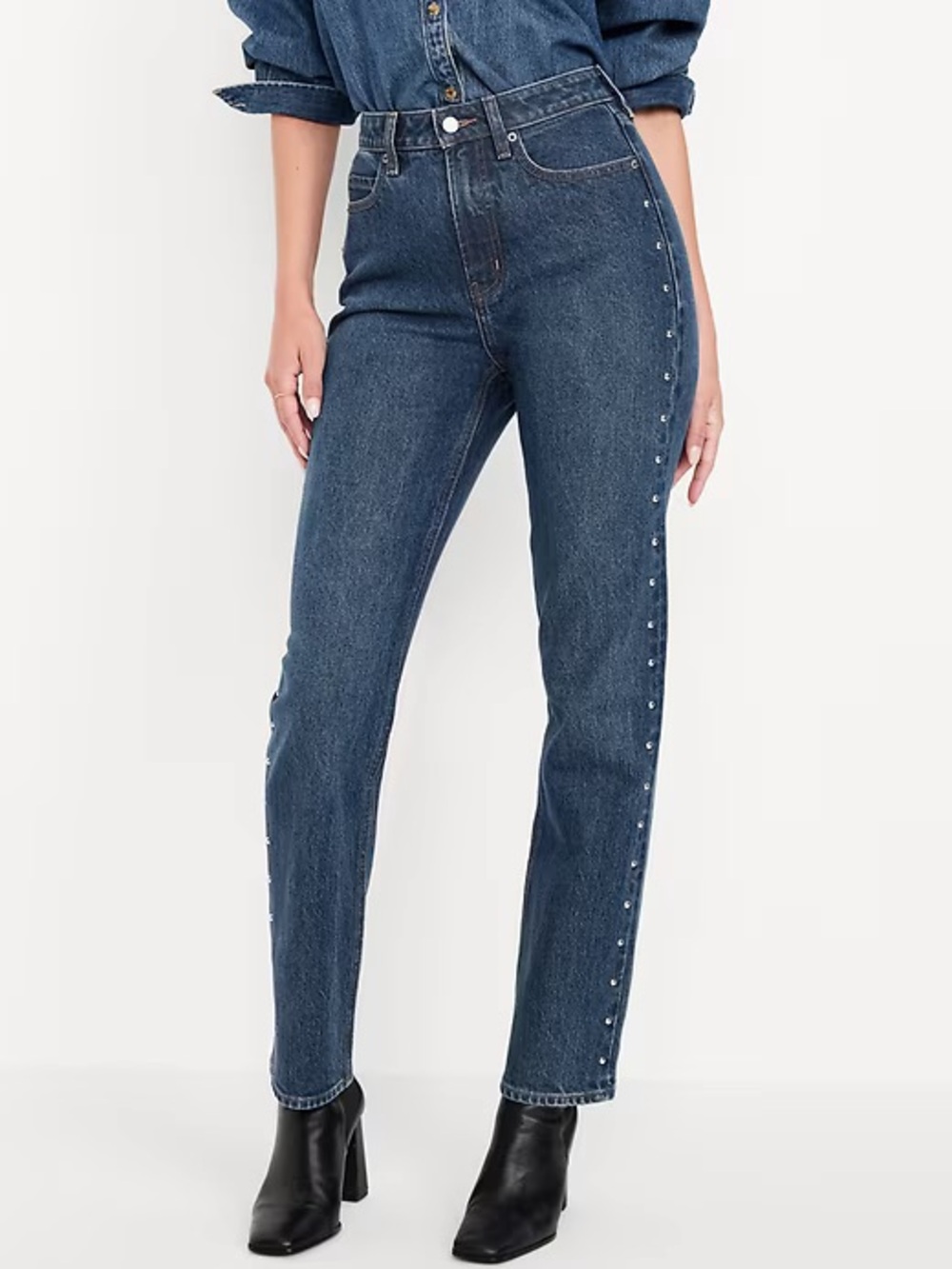 NWT Extra High-Waisted Studded Straight Jeans, Medium Wash, Old Navy, 8P